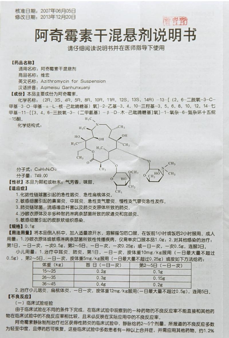 阿奇霉素干混悬剂儿童说明书-第1张图片-中州医学会